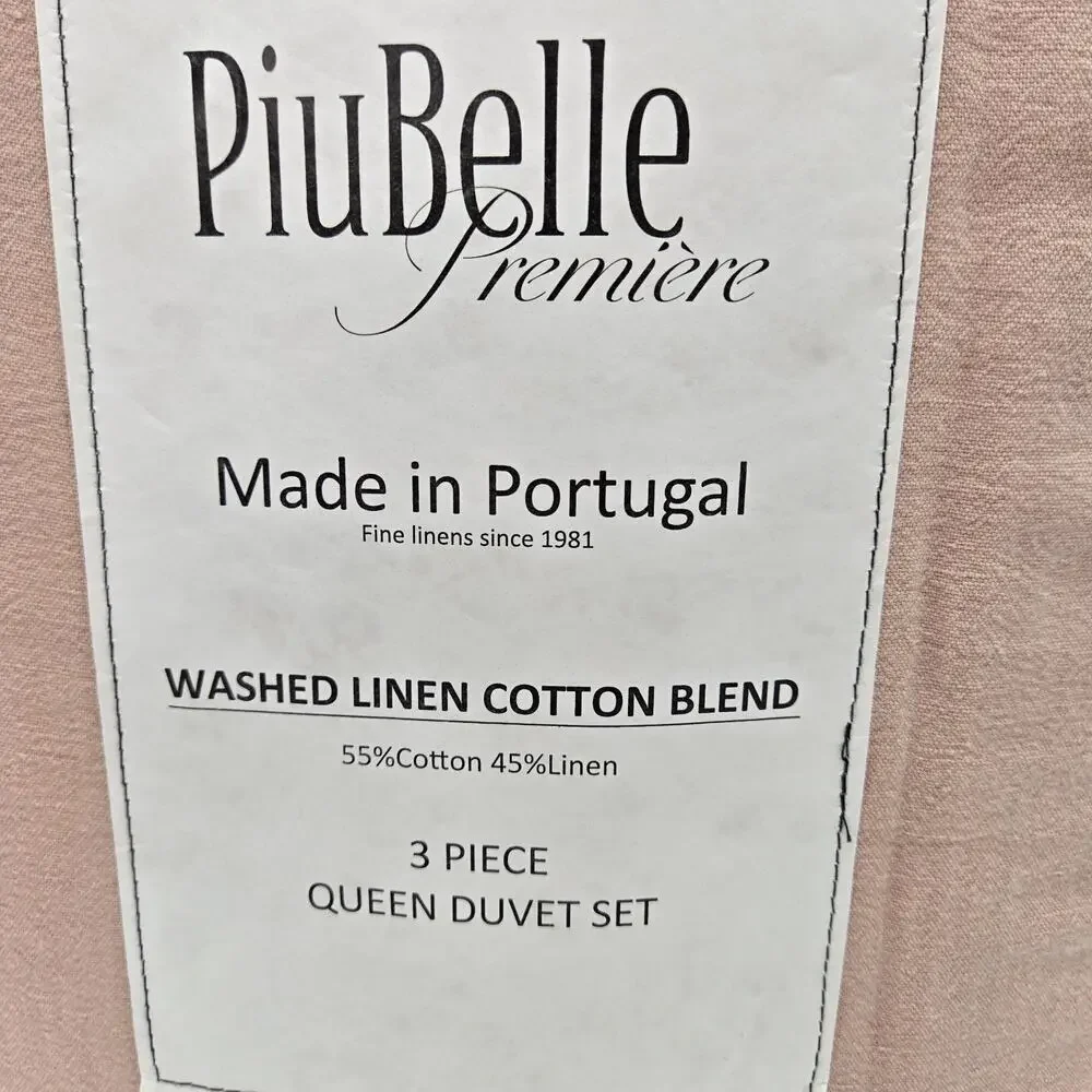 3-pc PiuBelle Linen Blend QUEEN Size Duvet Cover Set Light Peach Shabby Chic NEW